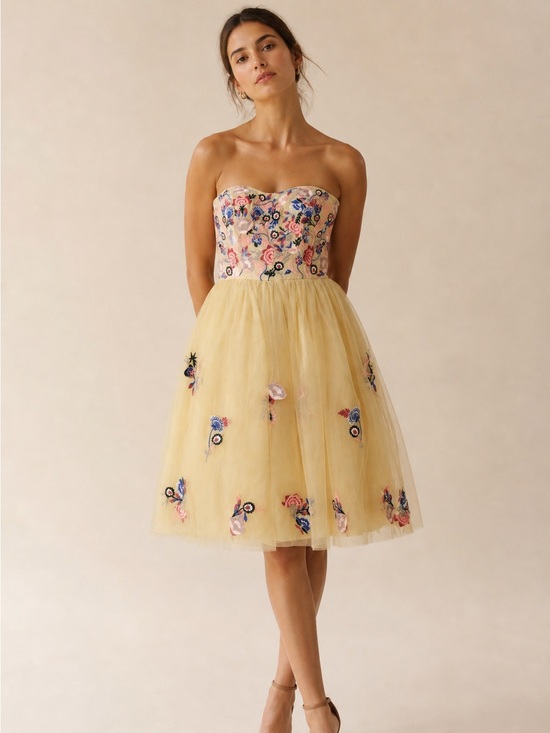Anthropologie Dresses & Skirts - Anthropologie Geode Strapless Floral Corset Lace up Embroidered Tulle Dress Sz S